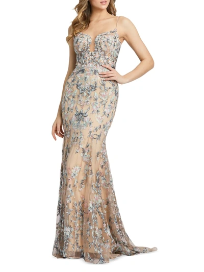 Mac Duggal Embroidered Floral Trumpet Gown In Nude/multi