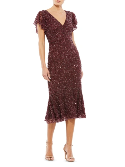 Mac Duggal Sequined V Neck Flutter Cap Sleeve Trumpet Dress In Garnet