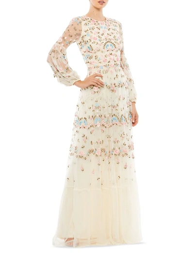 Mac Duggal Embroidered High Neck Illusion Sleeve Tiered Gown In Multi