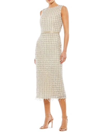 Mac Duggal Dazzling Sleeveless High Neck Beaded Midi Sheath Dress In Gray