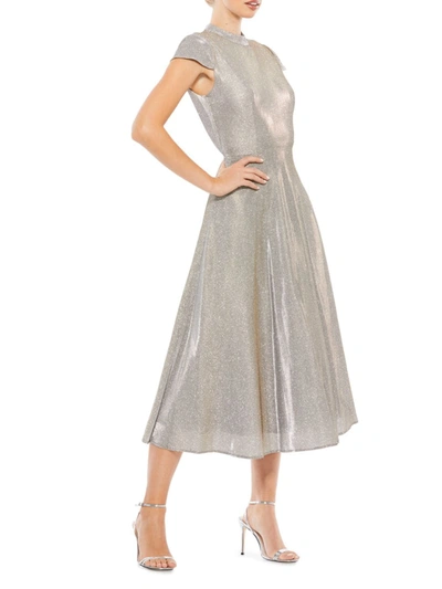 Mac Duggal Sparkle Pleated Cap Sleeve Midi Fit & Flare Dress In Silver