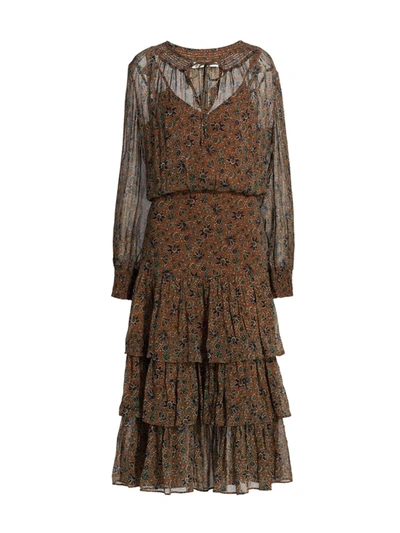 Veronica Beard Tunis Tiered Floral-print Crepe De Chine Midi Dress In Cinnamon Multi