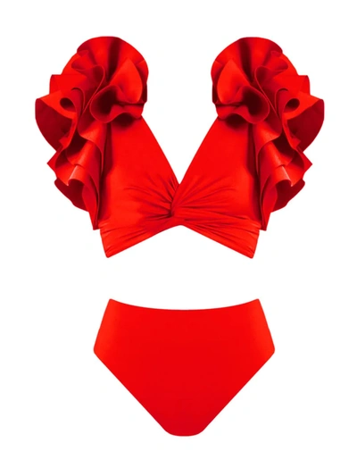 Maygel Coronel Kai Two-piece Flutter-sleeve Bikini Set In Red