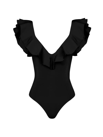 Maygel Coronel Santa Ruffled One-piece Swimsuit In Black