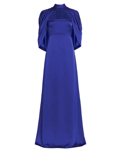 Theia Carrie Draped Cape-sleeve Gown In Blue