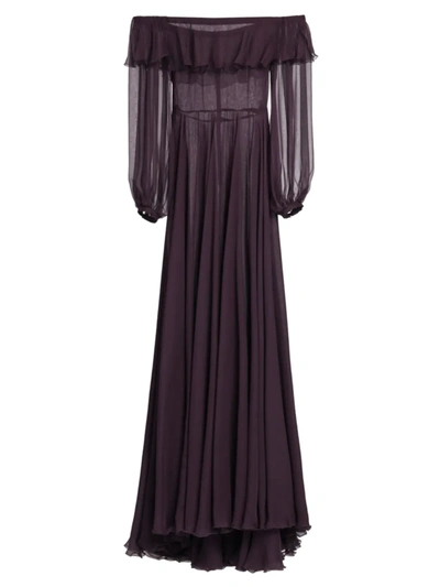 Valentino Foldover Off-the-shoulder Chiffon Gown In Plum