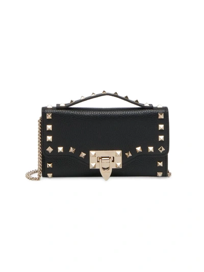 Valentino Garavani Rockstud Leather Wallet On Chain In Black