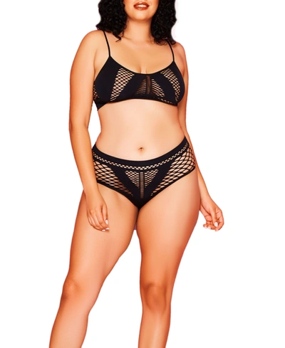 Hauty Frankie Plus Size Seamless Bra Set With Diamond Mesh Mid-rise Panty In Black