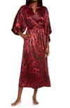 Natori Leopard Print Long Satin Robe In Red Black Combo