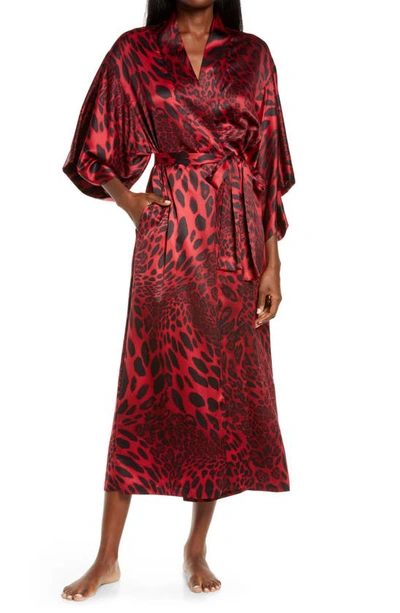 Natori Leopard Print Long Satin Robe In Red Black Combo