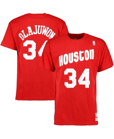Mitchell & Ness Men's Hakeem Olajuwon Red Houston Rockets Hardwood Classics Retro Name & Number T-shirt
