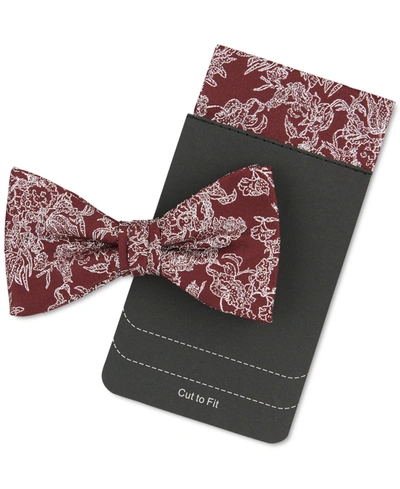 Tallia Men's Floral Pre-tied Bow Tie & Pocket Square Set In Burgundy