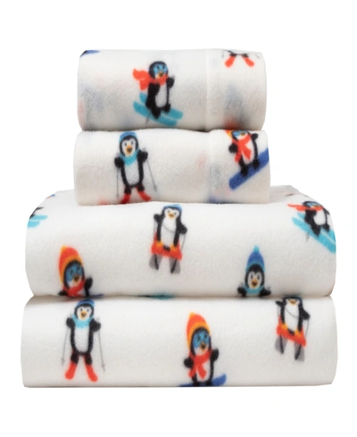 Elite Home Microfleece Winter Nights 4 Piece Sheet Set, Queen Bedding In Alpine Penguin