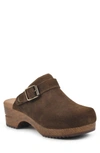 White Mountain Being Buckled Leather Clog In Brown Suede