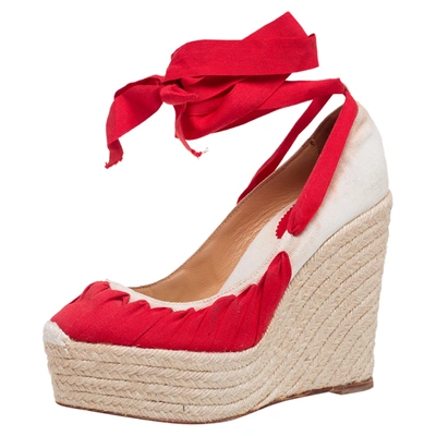 Pre-owned Christian Louboutin Cream/red Canvas Ibiza Espadrille Wedge Sandals Size 38