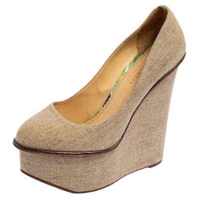 Pre-owned Charlotte Olympia Dark Beige Canvas Carmen Wedge Pumps Size 38
