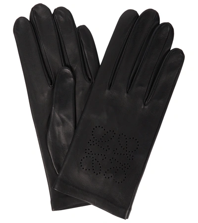 Loewe Anagram Perforated Leather Gloves In Black