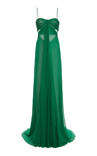 Valentino Pleated Empire-waist Cutout Silk Gown In Green | ModeSens