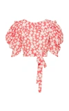 Miu Miu Puff-sleeve Floral Silk Open-back Crop Top In Floral