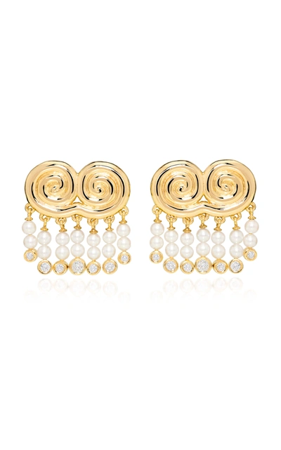 Sauer Agni 18k Yellow Gold Pearl; Diamond Earrings In White