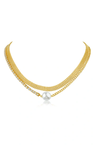 Cz By Kenneth Jay Lane Faux Pearl & Cz Curb Chain Necklace In White/ Clear/ Gold