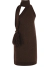 Bottega Veneta Brown One Shoulder Dress In Shetland Wool With Button And Tassel Detail In Brown