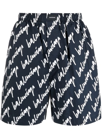Balenciaga Cotton Bermuda Shorts With Signature Print In Blue