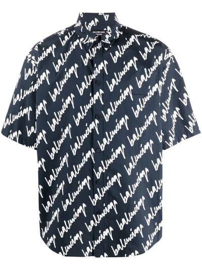 Balenciaga Large-fit Short-sleeve New Scribble Logo Shirt In Navy White
