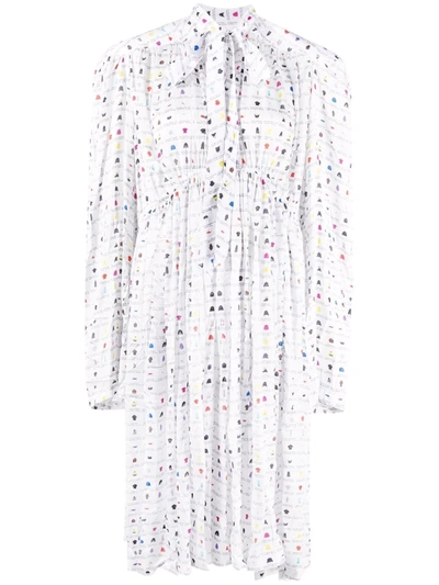 Balenciaga Thumbnail Print Oversize Technical Satin Long Sleeve Midi Dress In White