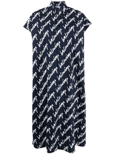 Balenciaga Scribble Logo Print Oversize Poplin Shirtdress In Navy White