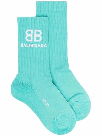 Balenciaga Logo-intarsia Ribbed Cotton-blend Socks In Blue