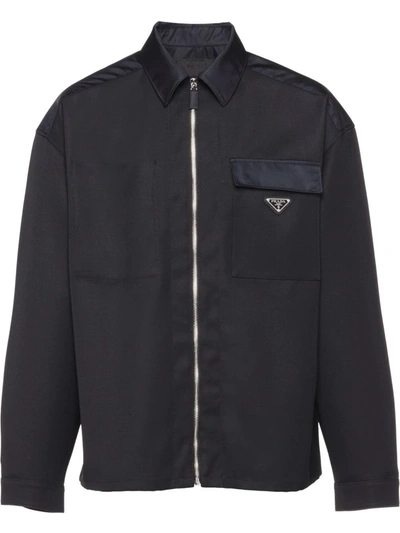 Prada Re-nylon Zip-front Logo-plaque Shirt In Black