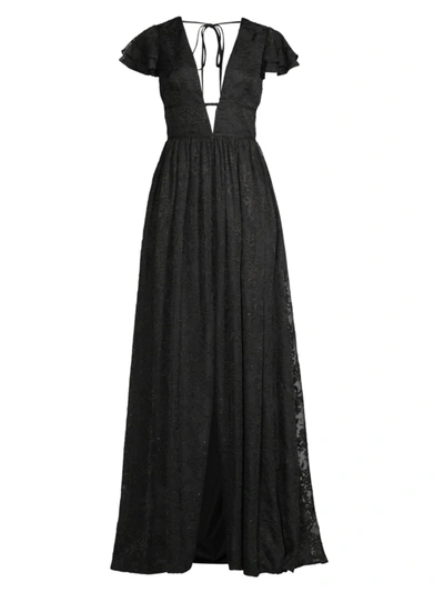 Aidan Mattox Plunging V-neck Flutter Sleeve Gown In Black