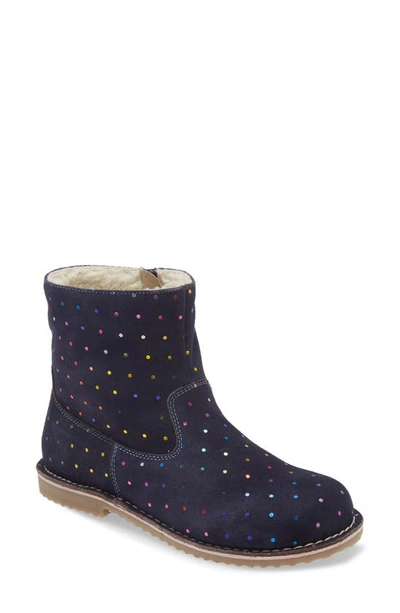 Boden Kids'  Faux Shearling Bootie In College Navy Rainbow Spots