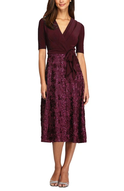 Alex Evenings Mixed Media Midi Dress In Merlot