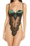 Oh La La Cheri Paulette Lace Trim Satin Thong Bodysuit In Dark Green/ Black