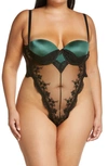 Oh La La Cheri Paulette Lace Trim Satin Thong Bodysuit In Dark Green/ Black