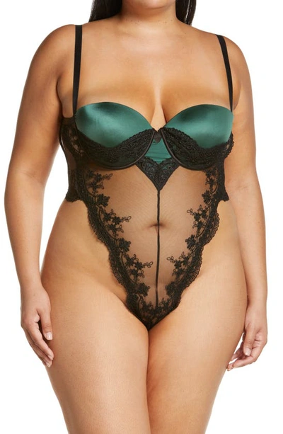 Oh La La Cheri Paulette Lace Trim Satin Thong Bodysuit In Dark Green/ Black