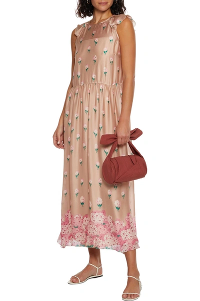 Red Valentino Gathered Floral-print Silk Midi Dress In Neutral