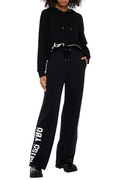 Red Valentino Velvet-trimmed Printed French Terry Straight-leg Trousers In Black