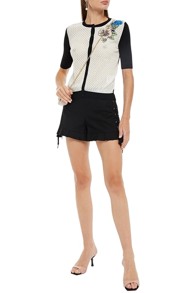 Red Valentino Lace-up Ruffled Stretch-cotton Shorts In Black