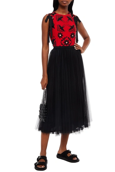 Red Valentino Pleated Point D'esprit Midi Skirt In Black