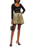 RED VALENTINO LACE-TRIMMED PLEATED LAMÉ MINI SKIRT,3074457345627579767