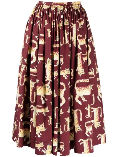 Marni Midi Pleated Skirt With Print In China Red