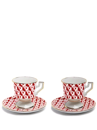 La Doublej Abstract Porcelain Espresso Cups (set Of Two) In Cubi Rosso