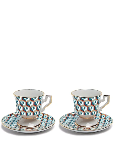 La Doublej Abstract-print Espresso Cup (set Of Two) In Cubic Blue