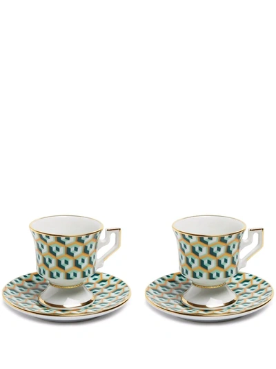 La Doublej Abstract Porcelain Espresso Cups (set Of Two) In 绿色