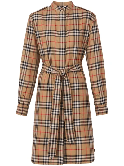 Burberry Vintage Check Cotton Tie-waist Shirt Dress In Brown