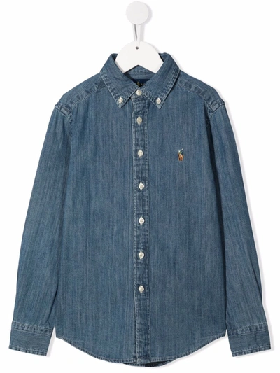 Polo Ralph Lauren Kids' Embroidered-logo Denim Shirt In Blue