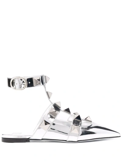 Valentino Garavani Roman Stud Metallic Ankle-strap Ballerina Flats In Silver
